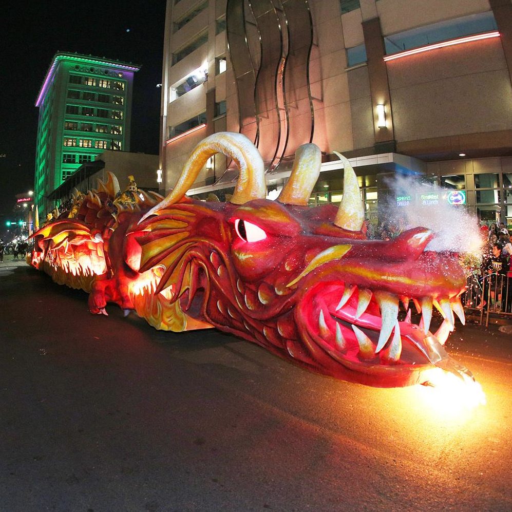 Dragon float in the Mystics of Time Parade.